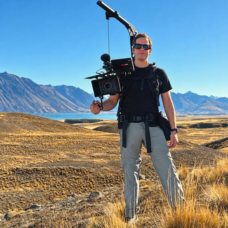 Ro Tierney with a cinema camera on an Easyrig in the Mackenzie Country